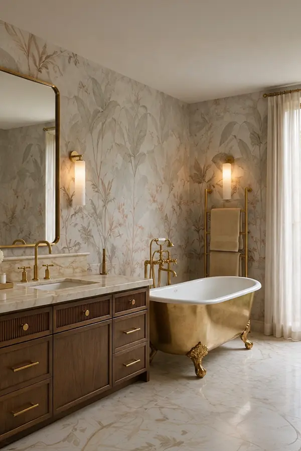 Bathroom with gold clawfoot tub and botanical wallpaper
