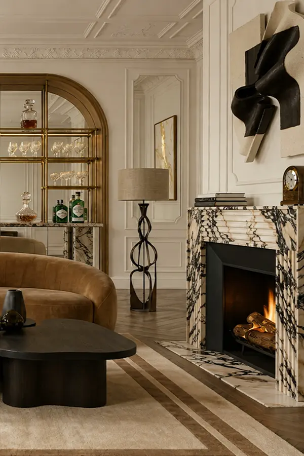 Luxury lounge with marble fireplace and velvet sofa
