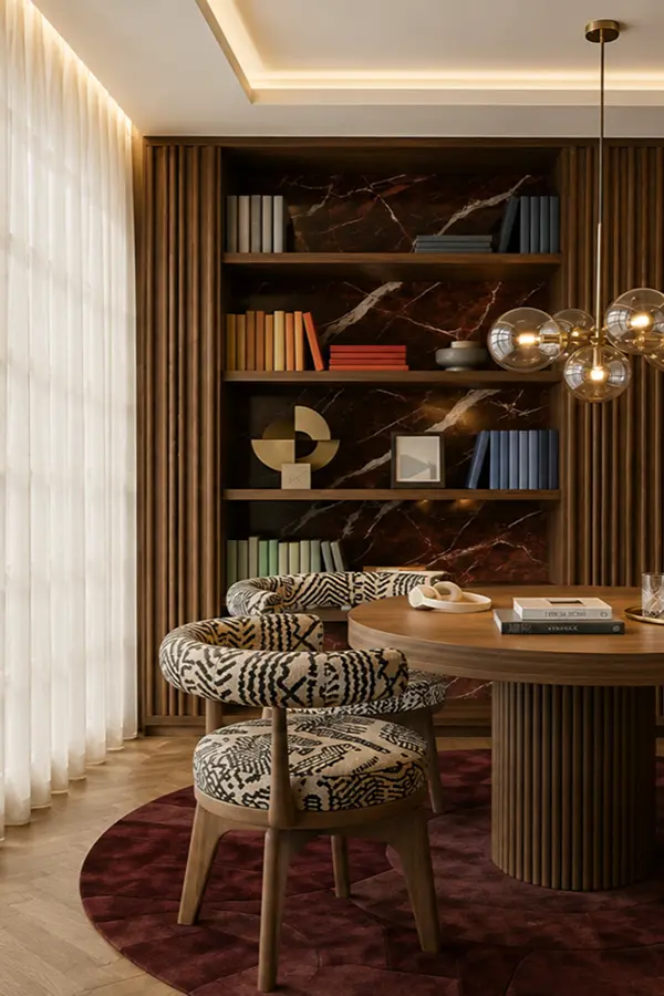 Study with marble-backed bookshelf and patterned accent chairs