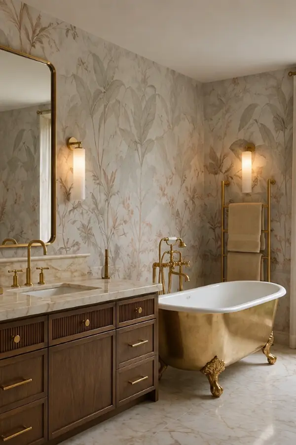 Bathroom with gold clawfoot tub and botanical wallpaper