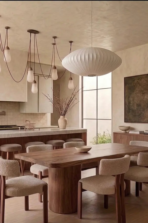 Open kitchen and dining with walnut table and Nelson pendant