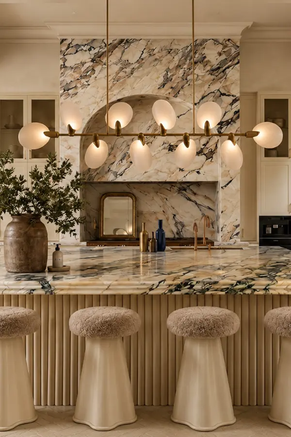 Luxury kitchen with marble backsplash and fluted island